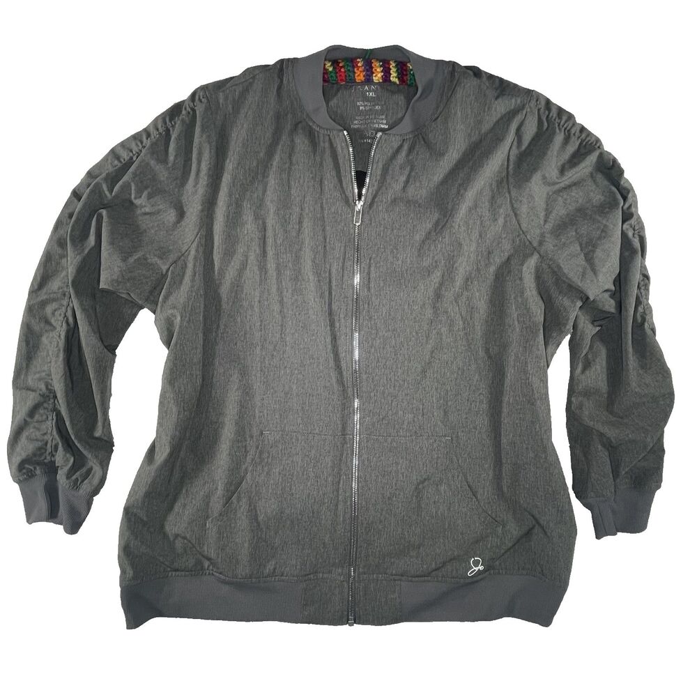 Jaanuu Scrubs Jacket Size 1X‎ Grey Pockets Stretch Full Zip Medical Nursing Cozy